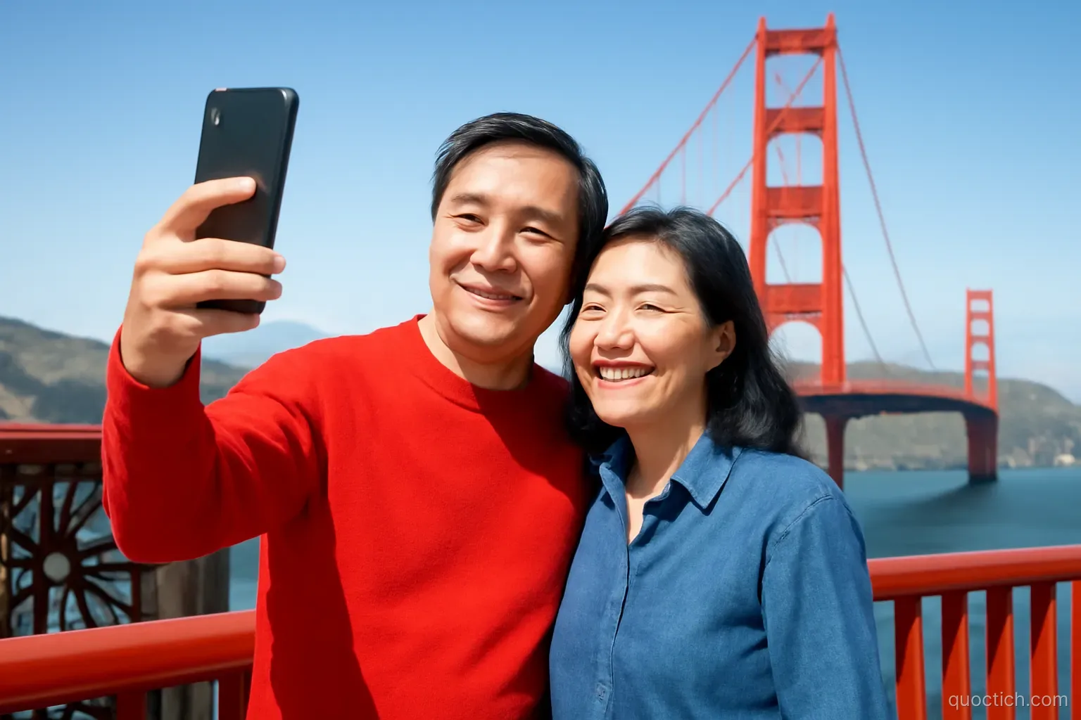 Vietnamese middle-aged couple taking a selfie on the Golden Gate Bridge walkway with the red towers and blue bay behind, medium shot, bright red and blue, clear sunny afternoon